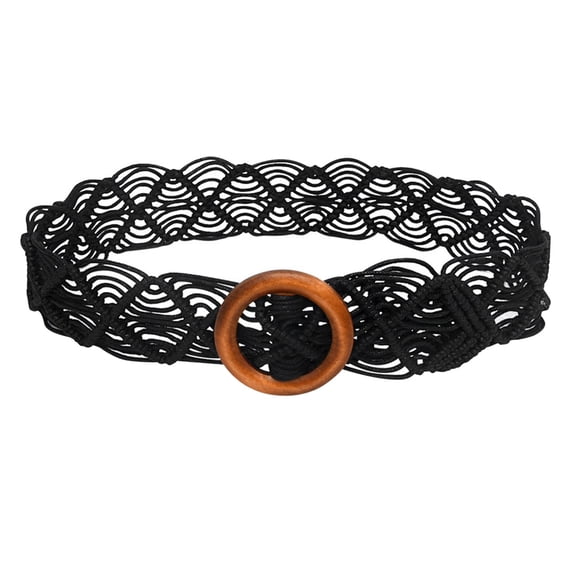 Boho Braided Belts Casual Beach Belt With Wood Buckle Fashion Belts for Women Wide Stretchy Belts for Women Skinny Belts for Women Silver Buckle Fashion Belts for Women Dresses Formal,Black