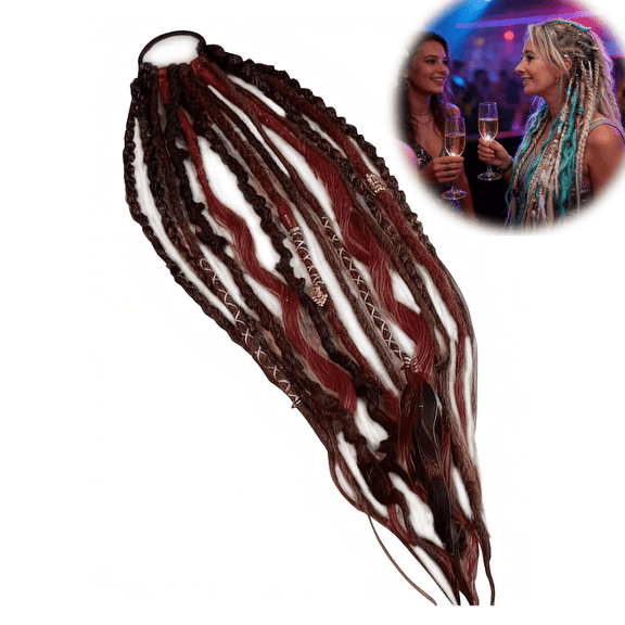 Boho Braided Elastic Ponytail, Red Brown Straight & Curly Daily Dreadlocks Styling with Beads & Charms, Easy One-Minute Elastic Ponytail Attachment for Festival Travel & Casual Styles
