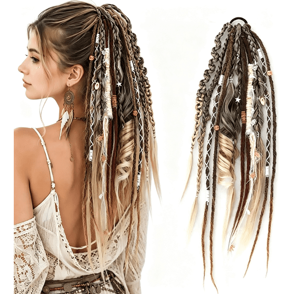 Boho Braided Ponytail Hairpiece with Accessories, Instant Elastic Hand-Braided Viking Braid Hairpiece, Long Boho BraidedPonytailExtension, Clip in Ponytail Hair Tie, for Cosplay & Festivals Hairwig