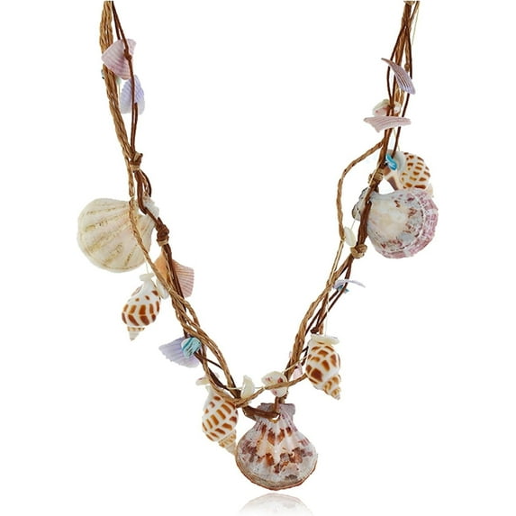 Boho Braided Rattan Shell Pendant Necklace Summer Hawaiian Beach Jewelry Shell Conch Pendant Choker Necklace for Women Handmade Wovening Hanging Multilayer Long Chain Friendship Waterproof Jewelry