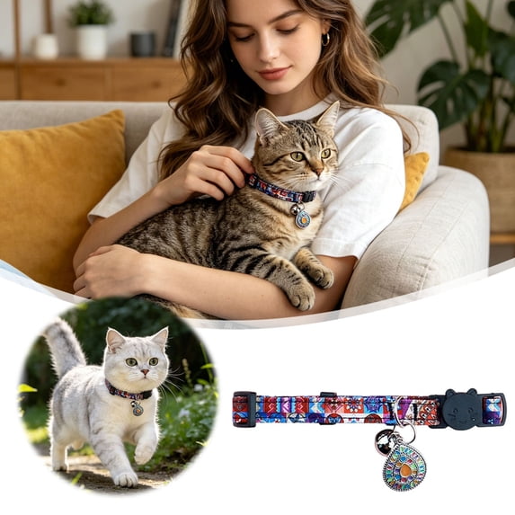 Boho Breakaway Cat Collar with Bell, Adjustable Printed Kitten Collar with Pendant for Cats and Small Pets(C,28cm)