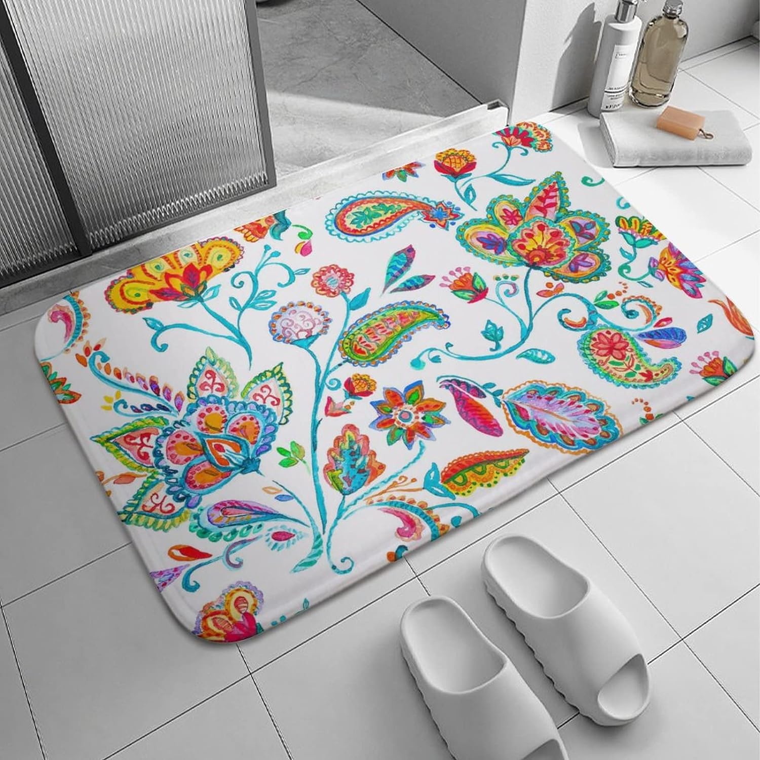 Boho Bright Chic Paisley Flowers and Leaves Print Bath Rugs Absorbent