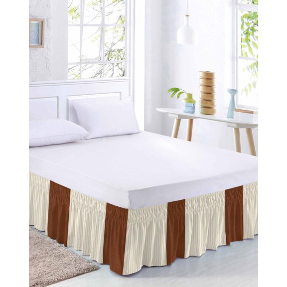 Boho Brown Bed Skirt Queen Size 16 Inch Drop, Leather Texture Striped Tribal Farmhouse Style Adjustable Elastic Dust Ruffles Bedskirt for Queen Bed Wrap Around Pleated Mattress Frame Cover