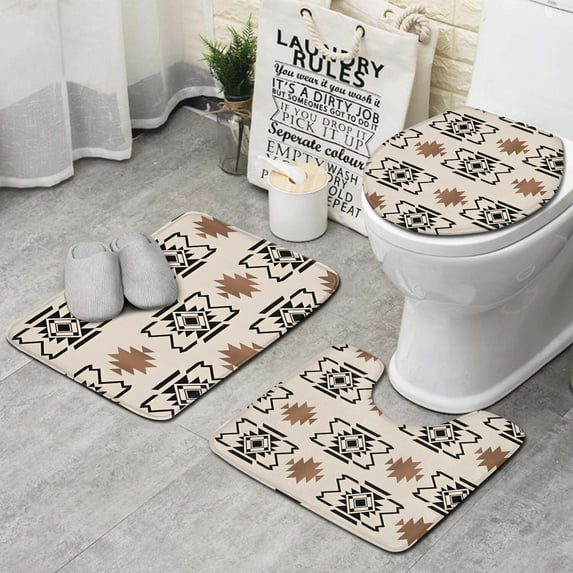 Boho Brown and Black Ethnic Pattern Bathroom Rugs Sets 3 Piece,Toilet Cover Set,Absorbent Non Slip Bathroom Mats Sets with U-Shaped Contour Rug Toilet Rug Set
