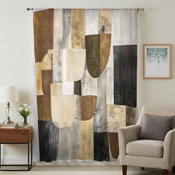 Boho Brown Black Sheer Curtains 63 Inches Long, Vintage Abstract Geometric Light Filering Curtains, Breathable Simi Curtain Privacy Drapes for Living Room Bedroom Lightweight Window Treatment