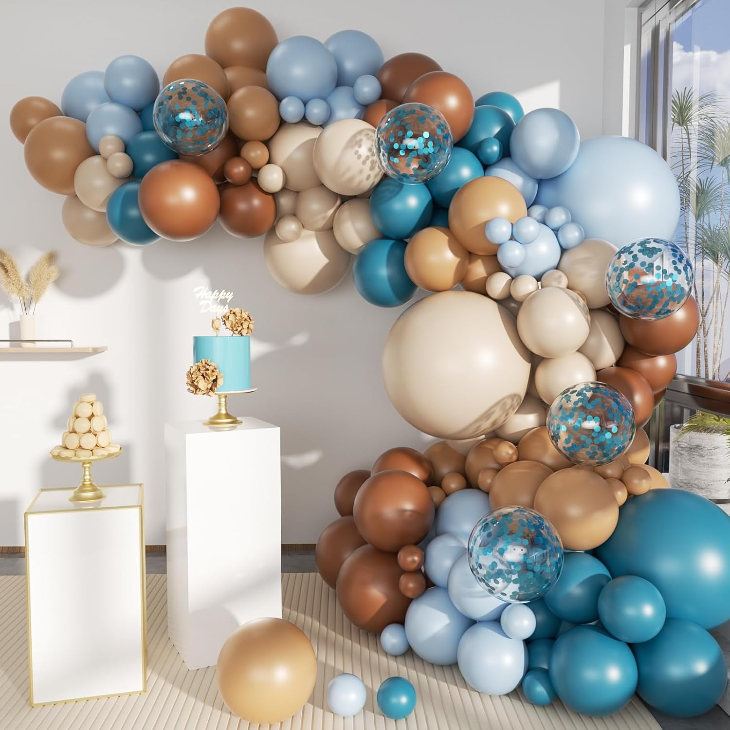Boho Brown and Blue Balloon Garland Arch Kit, 156Pcs Light Ocean Blue Caramel Brown White Sand Nude Balloons for Birthday Gender Reveal Baby Bridal Shower Wedding Party