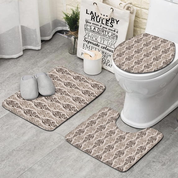Boho Brown Damask Ethnic Pattern Bathroom Rugs Sets 3 Piece,Toilet Cover Set,Absorbent Non Slip Bathroom Mats Sets with U-Shaped Contour Rug Toilet Rug Set