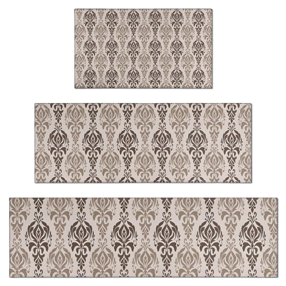 Boho Brown Damask Ethnic Pattern Kitchen Rugs Sets Of 3,Kitchen Runner Rugs Non Skid Washable,Decorative Kitchen Floor Mats for Kitchen,Sink,Laundry,17"x30"+ 17"x47" + 17"x59"