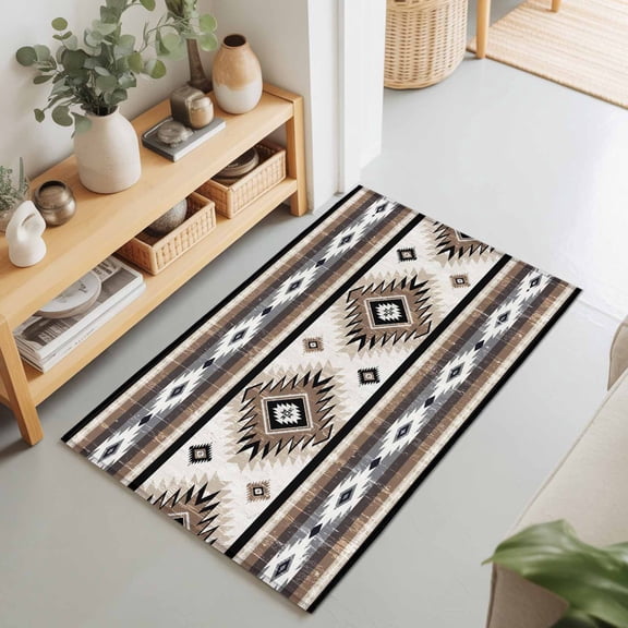 Boho Brown Farm Aztec Geometric Rectangle Area Rug 2x3ft,Living Room Rug Non-Slip Washable Circle Rugs Pad,Southwest Ethnic Wind Soft Floor Carpet for Bedroom Dining Room