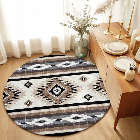 Boho Brown Farm Aztec Geometric Round Area Rug 3ft,Living Room Rug Non-Slip Washable Circle Rugs Pad,Southwest Ethnic Wind Soft Floor Carpet for Bedroom Dining Room
