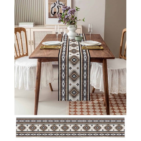 Boho Brown Farm Aztec Geometric Table Runner 13x36in Non-Slip Cotton Linen Table Runners, Southwest Ethnic Wind Dresser Scarves TableRunner for Dinner Kitchen Dining Wedding Party