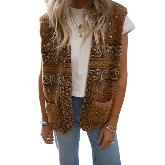 Boho Brown Fleece Vest Jacket for Women – Paisley Print Western Layering Piece | L