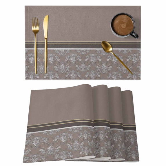 Boho Brown Flower Placemats Set of 8, Abstract Bohemia Pesley Floral Placemats for Dining Table, Place Mats for Kitchen Tabletop, Waterproof Wipeable Dining Table Mats Set