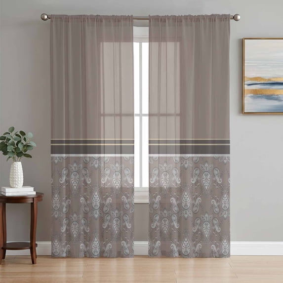 Boho Brown Flower Sheer Curtains 63 Inch Length 2 Panels Set Window Treatments, Abstract Bohemia Pesley Floral Rod Pocket Semi Curtains for Living Room/Bedroom/Kitchen Décor, 104"W x 63"L
