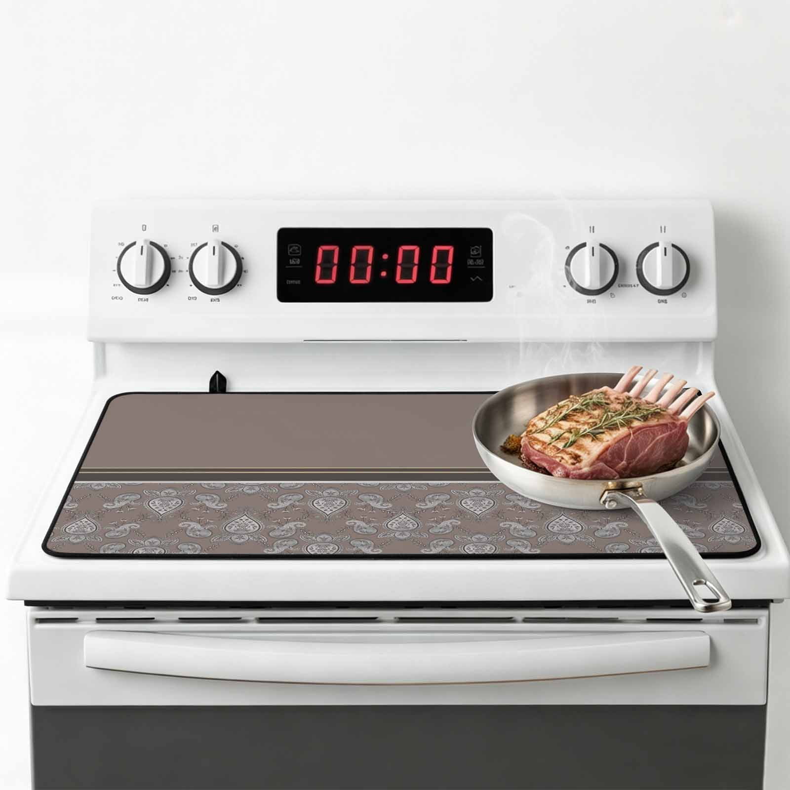Boho Brown Flower Stove Top Cover for Electric Stove, Heat-proof & Non Slip Glass Top Stove Cover Protector, Abstract Bohemia Pesley Floral Kitchen Flat Cooktop Rubber Mat 24x21 Inches