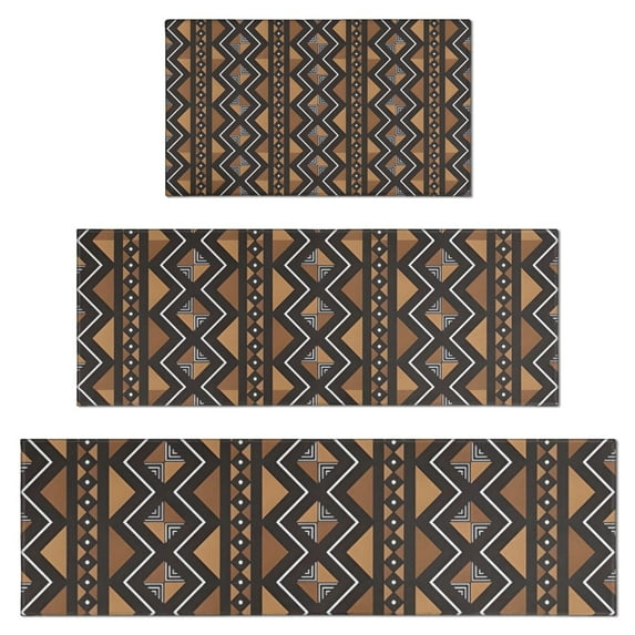 Boho Brown Geometric Ethnic Pattern Kitchen Rugs Sets Of 3,Kitchen Runner Rugs Non Skid Washable,Decorative Kitchen Floor Mats for Kitchen,Sink,Laundry,17"x30"+ 17"x47" + 17"x59"