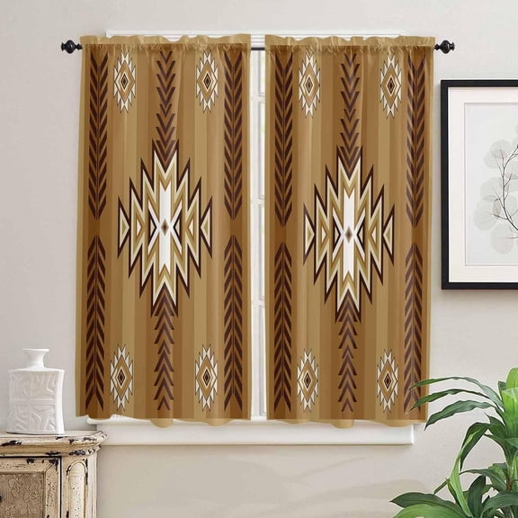 Boho Brown Geometric Window Curtains 63 Inch Length, Abstract Morocco Rustic Rod Pocket Window Treatment Kitchen Drapes for Bedroom, Cafe, Living Room, 2 Panels, 42 W x 63 L