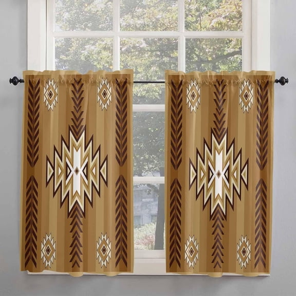 Boho Brown Geometric Window Short Curtains 63 Inch Length, Abstract Morocco Rustic Rod Pocket Window Treatment Kitchen Drapes for Bedroom, Cafe, Living Room, 2 Panels, 52 W x 63 L