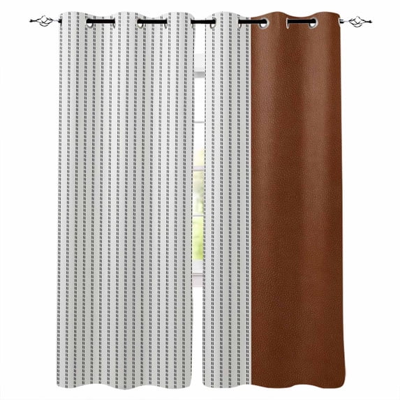 Boho Brown Leather Texture Blackout Curtains 45 Inches Long, Modern Black Striped Thermal Insulated Black Out Curtains, Darkening Window Curtain Drapes for Bedroom Living Room 52"x45" 2 Panels