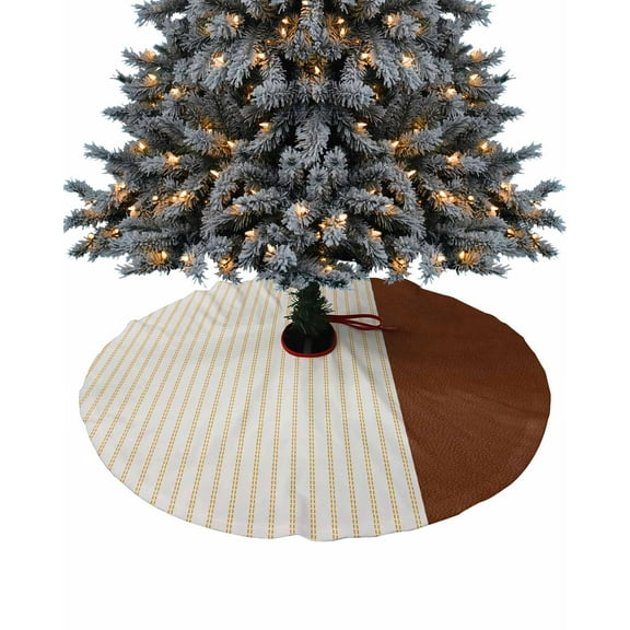 Boho Brown Leather Texture Christmas Tree Skirt 36 Inches Large Christmas Skirt Tree, Modern Yellow Striped Tree Skirt Christmas Decorations for Fireplace Party Holidays Indoor Outdoor