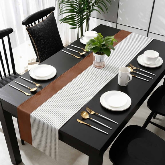 Boho Brown Leather Texture Cotton Linen Table Runner 18 x 72 inch Modern Black Striped Non-slip Rectangular Dining Table Decor for Wedding Party Holiday Dinner