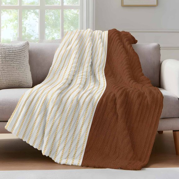 Boho Brown Leather Texture Fleece Throw Blanket for Couch, Modern Yellow Striped Microfiber Flannel Blanket for All Season, Lightweight Soft Throw Blankets for Bed, Sofa, Travel, 50"x60"