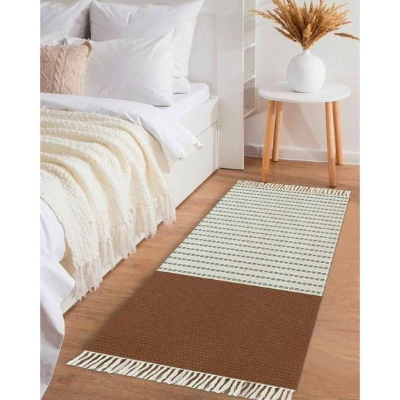 Boho Brown Leather Texture Hallway Runner Rug 2x5ft,Modern Black Striped Washable Woven Living Room Bedroom Kitchen Bathroom Carpet with Tassels,Indoor Outdoor Throw Door Mat for Entryway