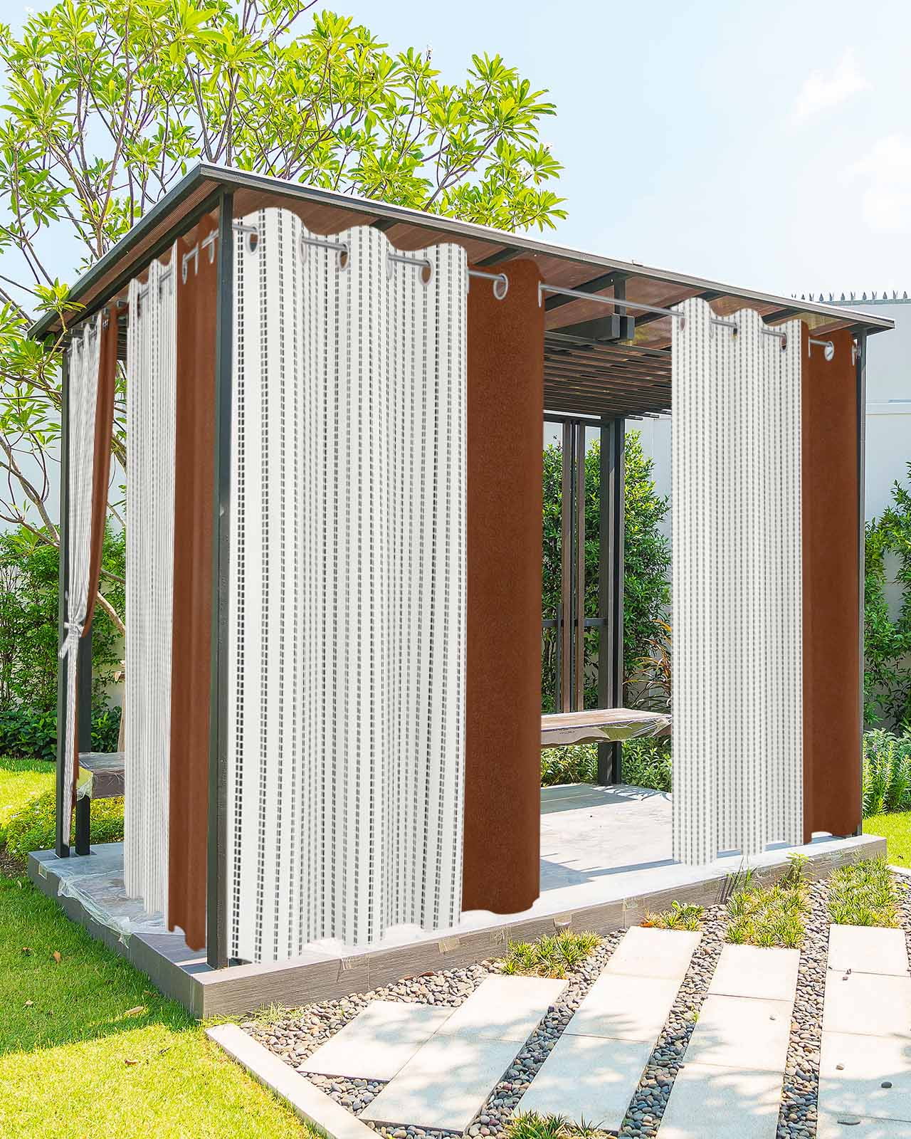 Boho Brown Leather Texture Outdoor Curtains for Patio, Modern Black Striped Privacy Drapes Grommet Waterproof Outside Curtains for Porch/Cabana/Balcony 54"x 95", 2 Panel