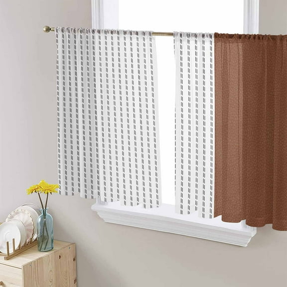 Boho Brown Leather Texture Sheer Curtains 54 Inches Length 2 Panels Set, Window Sheer Curtains for Living Room/Bedroom, Modern Black Striped Light Filtering Rod Pocket Curtain 52'' x 54'' x 2