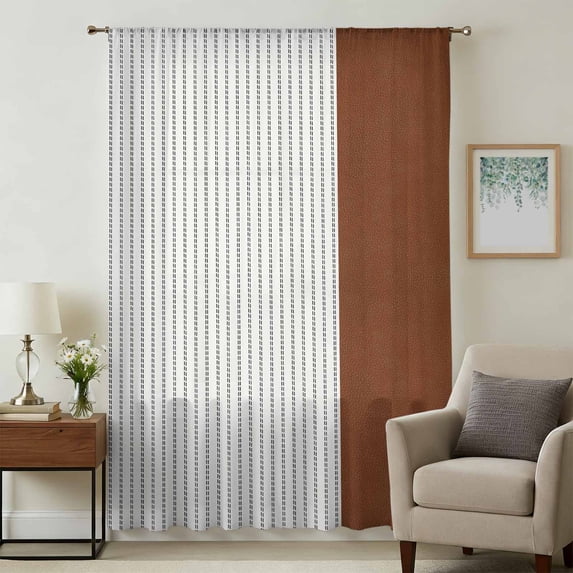 Boho Brown Leather Texture Sheer Curtains 84 Inches Long, Modern Black Striped Light Filering Curtains, Breathable Simi Curtain Privacy Drapes for Living Room Bedroom Lightweight Window Treatment