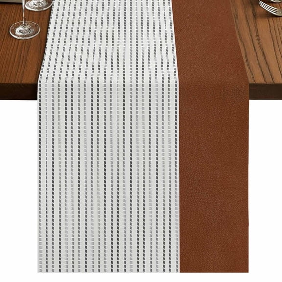 Boho Brown Leather Texture Short Table Runner 36 Inches Long,Modern Black Striped Cotton Linen Table Runners Dresser Scarves,Fabric Tabletop Scarf Furniture Cover for Home Dinner Party Decor 13"x36"