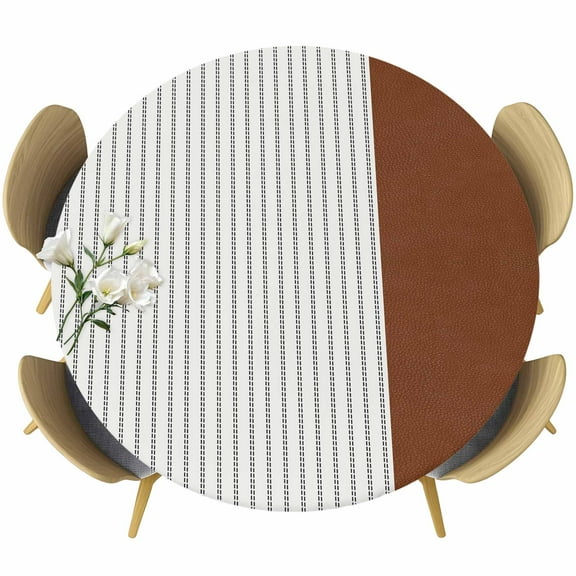 Boho Brown Leather Texture Table Cloth, Round Fitted Tablecloths with Elastic Edge, Modern Black Striped Wipeable Waterproof Table Cover for Kitchen Wedding 36-44 Inches
