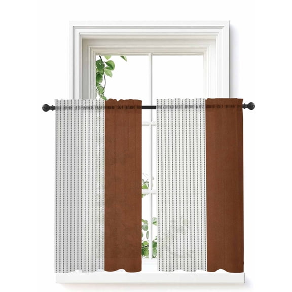 Boho Brown Leather Texture Tier Curtains 45 Inch Length,Sheer Curtains for Bedroom Living Room Window Modern Black Striped Rod Pocket Drapes Kitchen Curtains Small Half Window 27.5"x45" 2 Panels