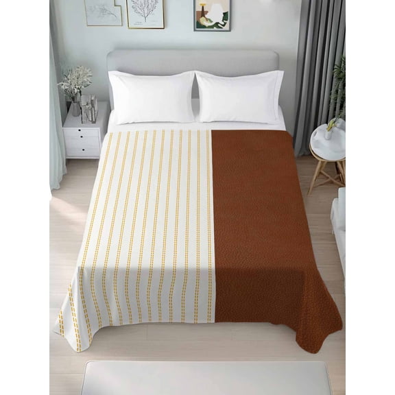 Boho Brown Leather Texture Twim Size Flat Sheet, Wrinkleproof & Fadeproof Cooling Flat Bed Sheet Only, Modern Yellow Striped Breathable Soft Bedding Top Sheets 66 x 96 Inches