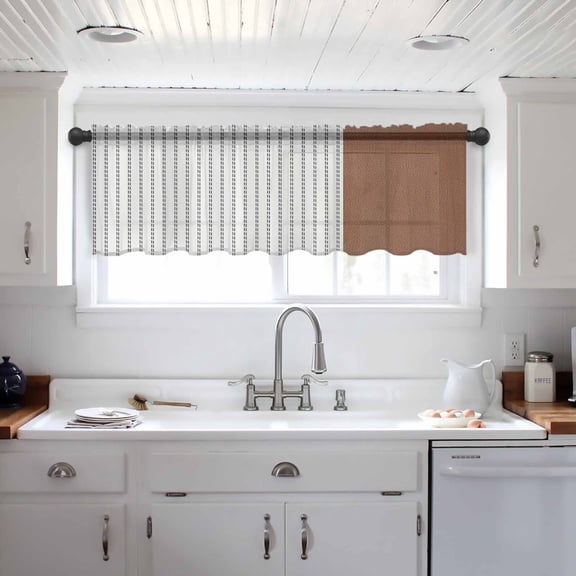 Boho Brown Leather Texture Valance Curtains for Kitchen/Living Room/Bathroom/Bedroom Window, Modern Black Striped Rod Pocket Small Topper Half Short Window Curtains Voile Sheer Scarf 42"x18"