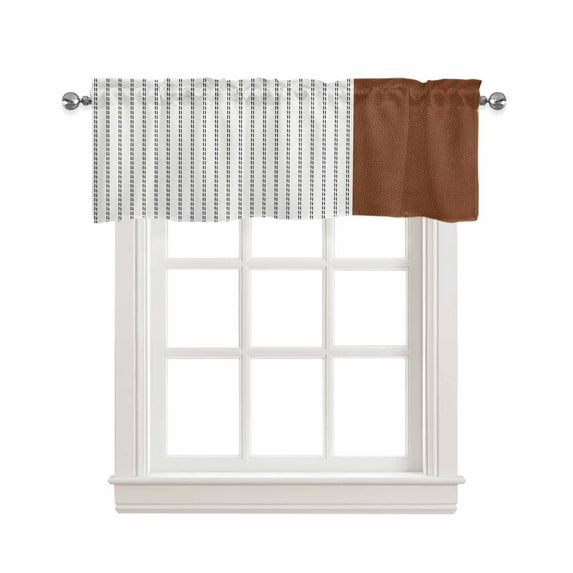 Boho Brown Linen Curtain Valance for Bedroom/Bathroom/Kitchen/Living/Dining Room Window,Bohemia Modern Geometric Stripes Leather Texture Pocket Topper Drapes Decorative Cafe Drapery Panel 60"x18"