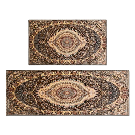 Boho Brown Pattern Kitchen Rugs and Mats Sets Of 2, Funny Kitchen Decoration Rubber Backing Non-Slip Absorbent Mats for Sink Waterproof Runner Rug for Laundry Room 17x30+17x48inch