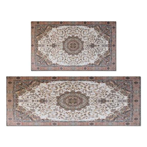 Boho Brown Pattern Kitchen Rugs and Mats Sets Of 2, Funny Kitchen Decoration Rubber Backing Non-Slip Absorbent Mats for Sink Waterproof Runner Rug for Laundry Room 17x30+17x48inch
