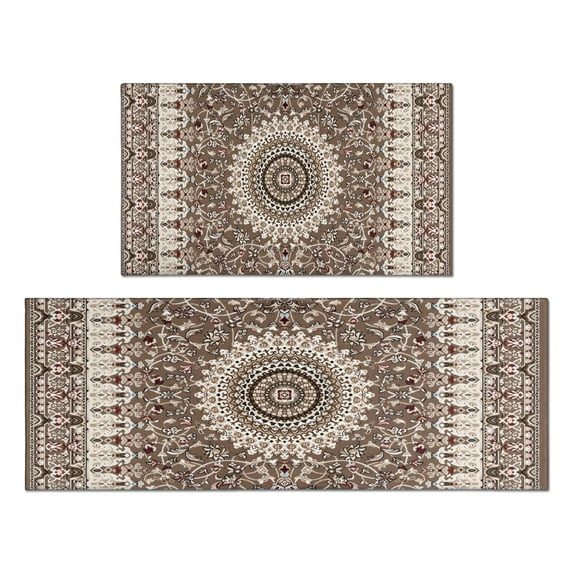 Boho Brown Pattern Kitchen Rugs and Mats Sets Of 2, Funny Kitchen Decoration Rubber Backing Non-Slip Absorbent Mats for Sink Waterproof Runner Rug for Laundry Room 17x30+17x48inch