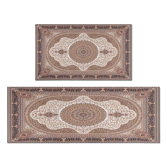Boho Brown Pattern Kitchen Rugs and Mats Sets Of 2, Funny Kitchen Decoration Rubber Backing Non-Slip Absorbent Mats for Sink Waterproof Runner Rug for Laundry Room 17x30+17x48inch