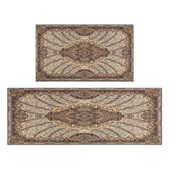 Boho Brown Pattern Rugs and Mats Non Skid Washable Absorbent Microfiber Soft Kitchen Mat for Floor Set Of 2 Decor Stain Resistant 17"x47"+17"x30"