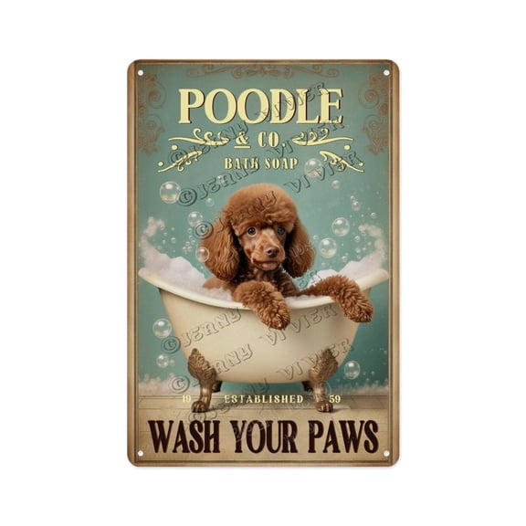 Boho Brown Poodle Wash Your Paws Metal Tin Sign Dog Bathroom Decor for Entryway, Laundry, Restroom, or Mudroom Cute and Funny Pet Art for Dog Groomers and Pet Parents 12x16 Inch Sign