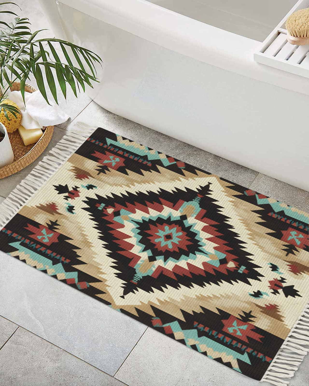 Boho Brown Teal Red Bath Rug 2x3ft Woven Bathroom Entryway Runner Rug ...