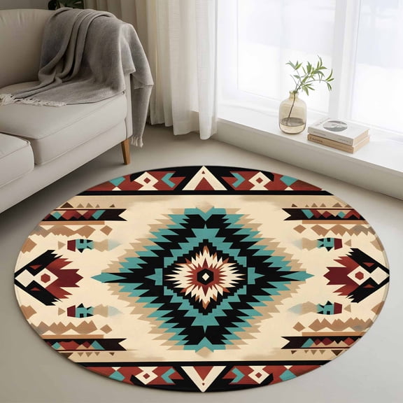Boho Brown Teal Red Round Area Rug 4 FT, Non Slip Indoor Outdoor Rug, Southwestern Geometric Abstract Retro Washable Soft Circular Carpet Non-Shedding Floor Mat for Coffee Table Nursery Foyer Balcony