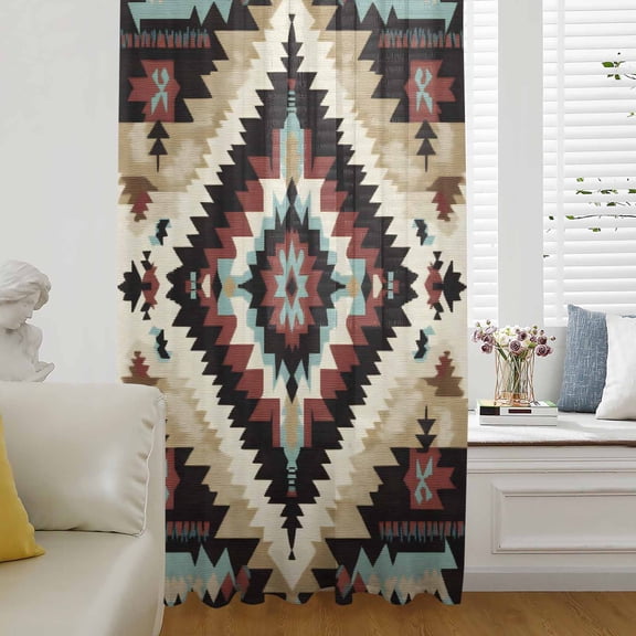 Boho Brown Teal Red Semi Sheer Curtains Drapes for Living Room, Bedroom, French Doors Window 84 Inches Long, Southwestern Geometric Art Vintage Rod Pocket Chiffon Curtain Drapery Voile Drape Panel