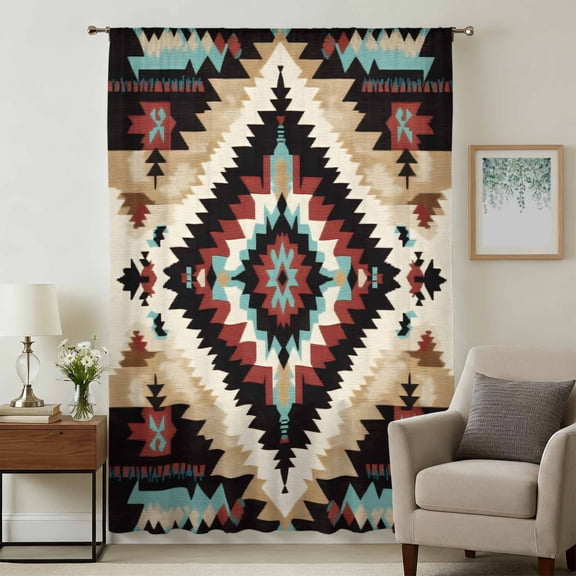 Boho Brown Teal Red Sheer Curtains 72 Inches Long, Southwestern Geometric Art Vintage Light Filering Curtains, Breathable Simi Curtain Privacy Drapes for Living Room Bedroom Window Treatment