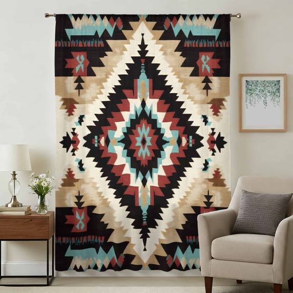 Boho Brown Teal Red Sheer Curtains 84 Inches Long, Southwestern Geometric Art Vintage Light Filering Curtains, Breathable Simi Curtain Privacy Drapes for Living Room Bedroom Window Treatment