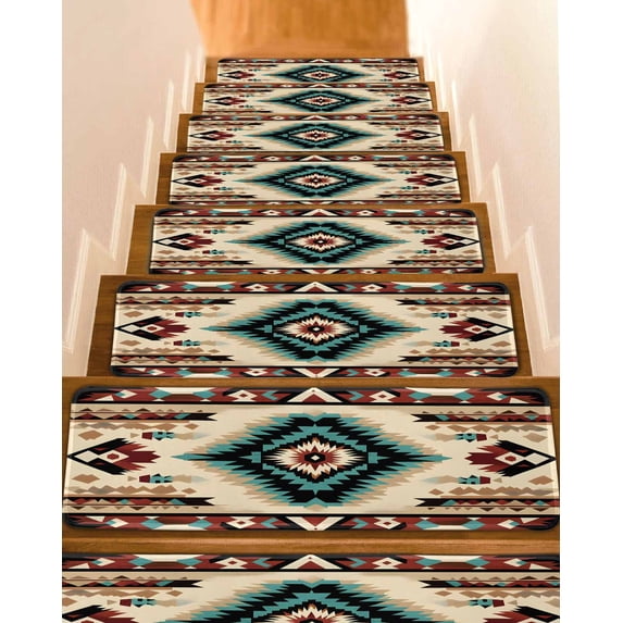 Boho Brown Teal Red Stair Treads for Wooden Steps Indoor Runner Rug Carpet, Southwestern Geometric Abstract Retro 4 Pieces Peel and Stick Staircase Step Treads Covers Washable Throw Door Mats, 30"x8"