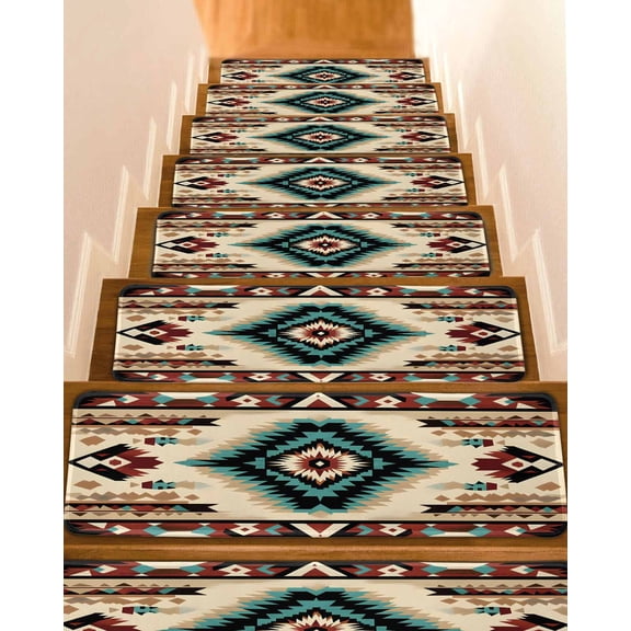 Boho Brown Teal Red Stair Treads for Wooden Steps Indoor Runner Rug Carpet, Southwestern Geometric Abstract Retro 7 Pieces Peel and Stick Staircase Step Treads Covers Washable Throw Door Mats, 30"x8"