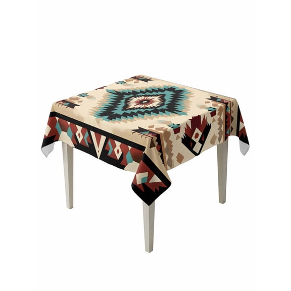 Boho Brown Teal Red Table Cloth, Southwestern Geometric Abstract Retro Waterproof Tablecloth for Square Tables, Reusable Washable Fabric Table Cover for Restaurant Kitchen Dining Tables 54"x54"